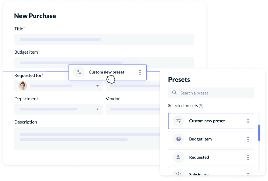 Customizable procurement intake forms showing new purchase details and presets.