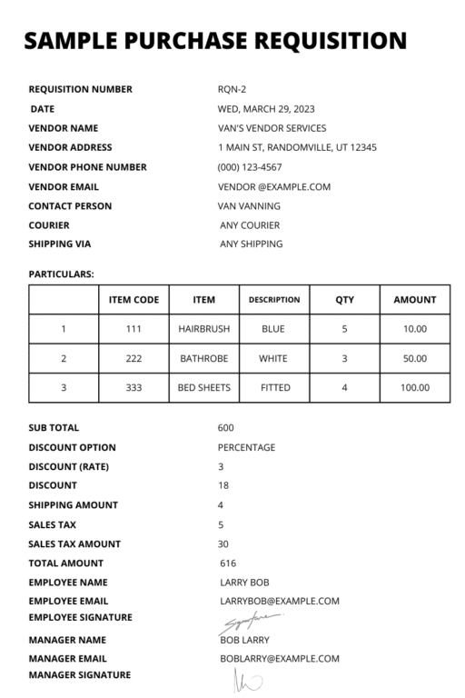 Sample purchase requisition form.