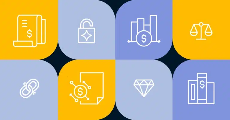 A collection of finance icons on a vibrant background.