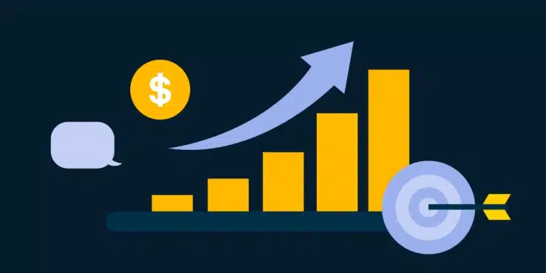 A bar graph displaying key performance indicators (KPIs) and indicating financial progress with arrows and a dollar sign.