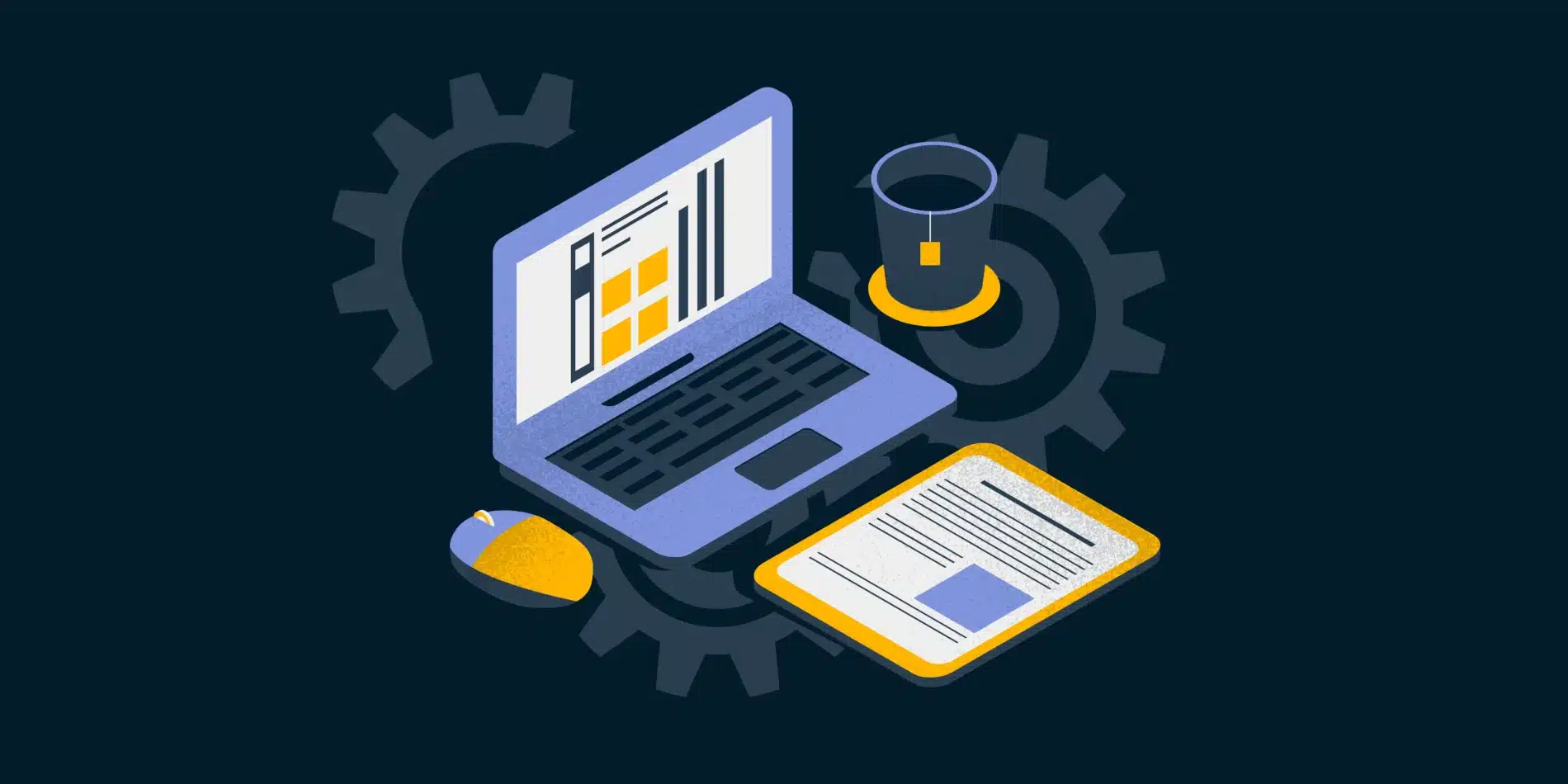 An isometric image of a laptop adorned with gears, perfect for showcasing the latest advancements in accounts payable technology.