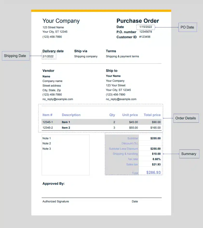 An example of a purchase invoice template with a purchase order.